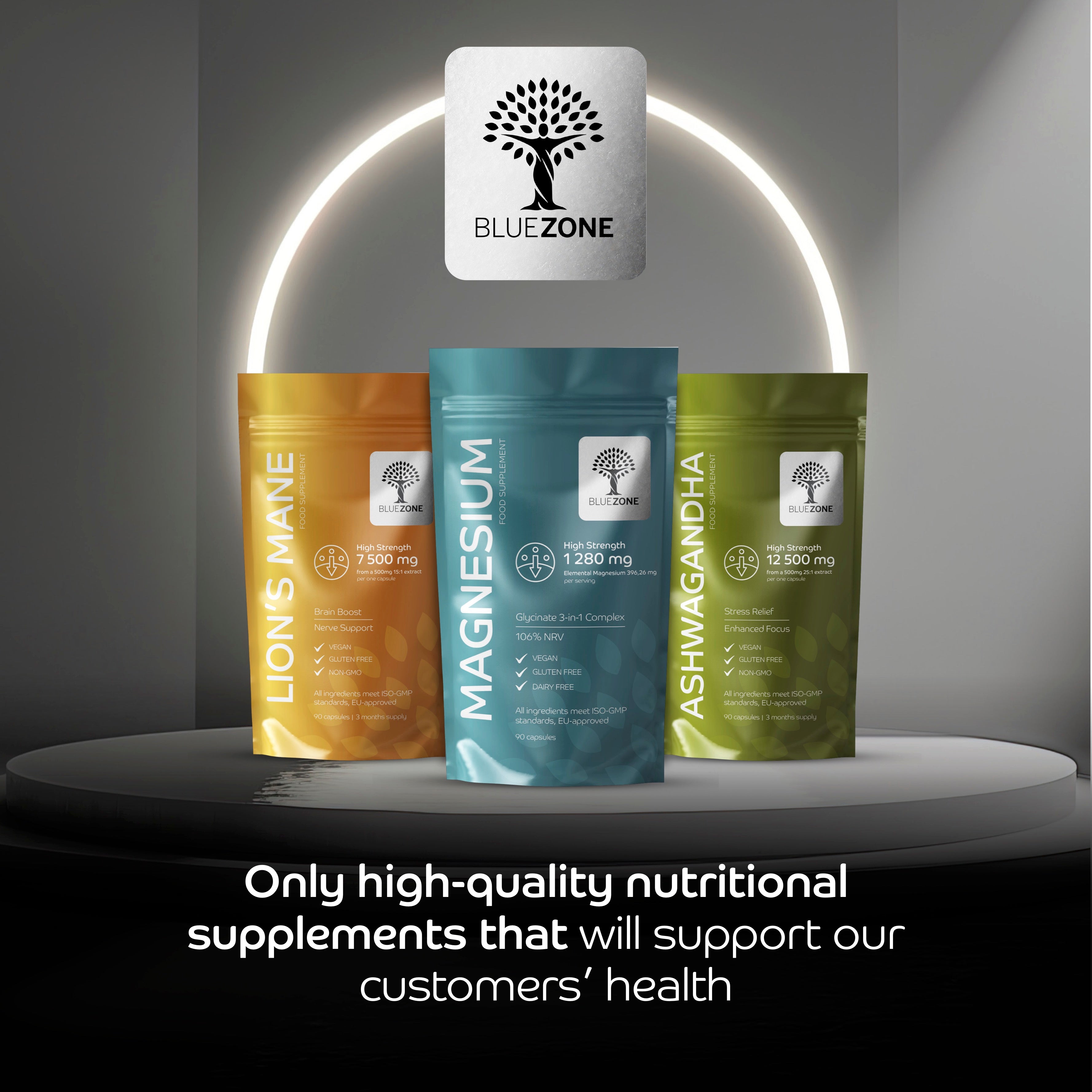 Three nutritional supplement packages with Blue Zone logo on a dark background